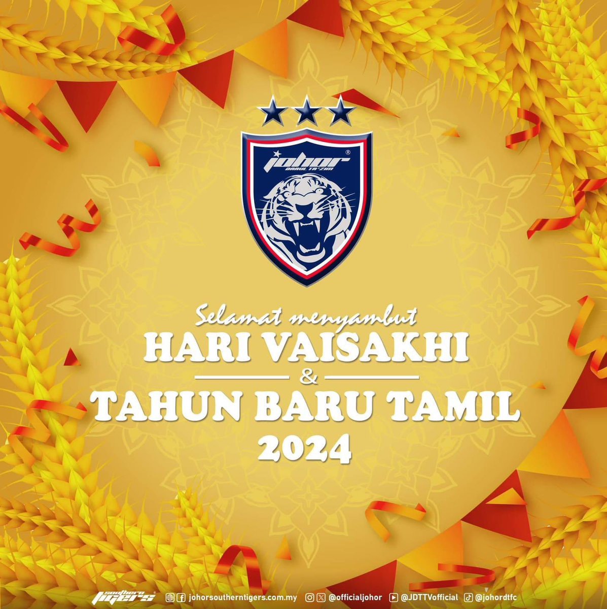 HAPPY VAISAKHI AND TAMIL NEW YEAR Johor Darul Ta'zim FC (JDT) would like to wish a very happy Vaisakhi and Tamil New Year to all Southern Tigers fans celebrating the occasion. May the celebration strengthen our relationship and unity. Luaskan Kuasamu Johor.