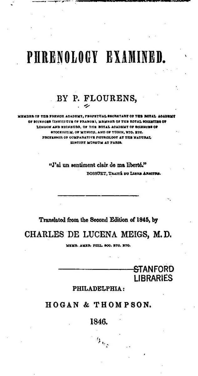 Today’s Find: : French physiologist Pierre Flourens [13 Apr 1794-6 Dec 1867] was an important figure in brain science & anesthesia tinyurl.com/25hak9vx In 1846 this translation of his book on phrenology appeared #histmed