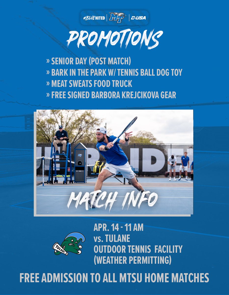 Tomorrow, Sunday, April 14th at 11am vs Tulane 🌊 as always with some cool 😎 promotions and most importantly Senior Day after the match , 🥘 🛻 #seniors #packtheplace