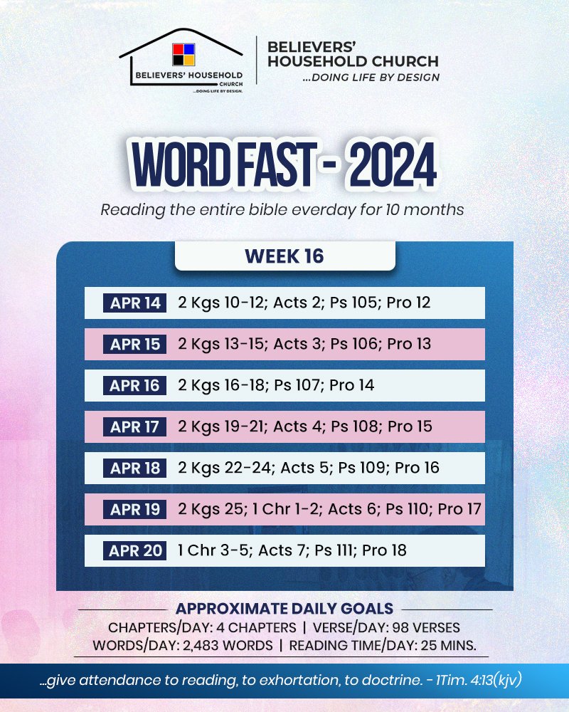 The BHC WordFast 2024 - Bible Reading Plan (Week 16)

#believershousehold #bibleverse #biblereading #BiblePlan #jersey #JerseyChannelIslands #wordfast