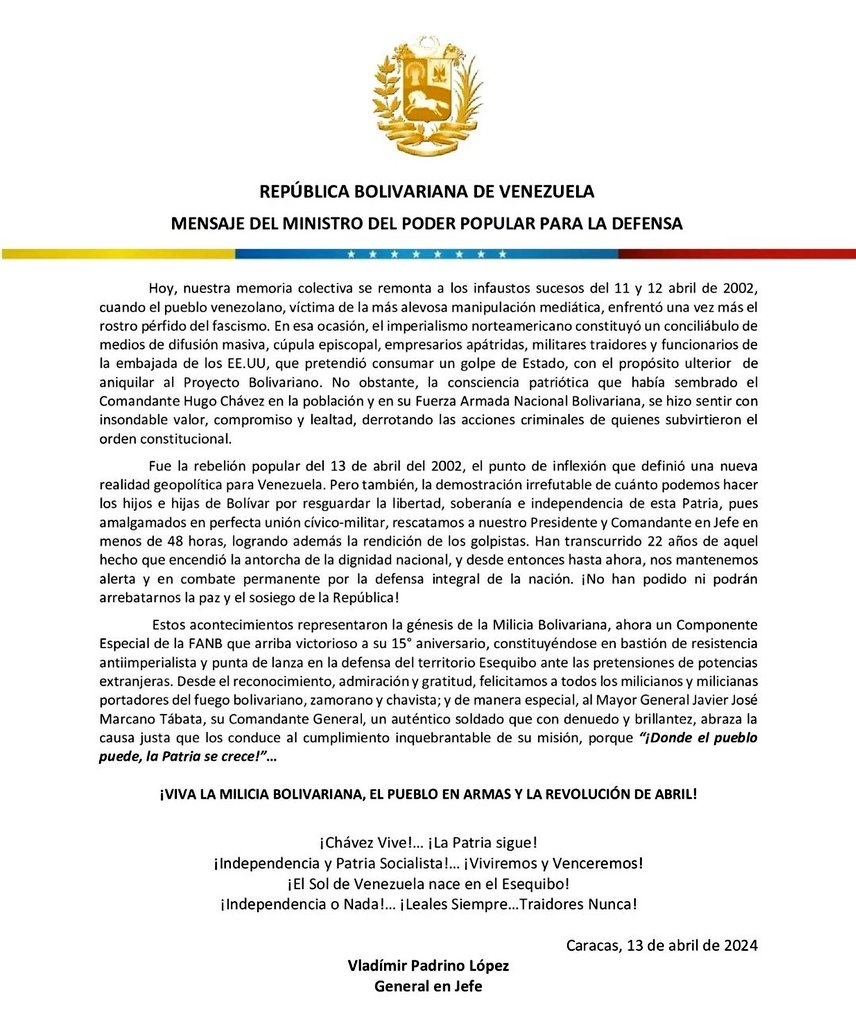 📄 Mensaje del GJ @vladimirpadrino, en ocasión de celebrarse el Día de la Milicia Bolivariana, del Pueblo en Armas y de la Revolución de Abril. 🇻🇪 #Todo11TieneSu13 #15AniversarioMB