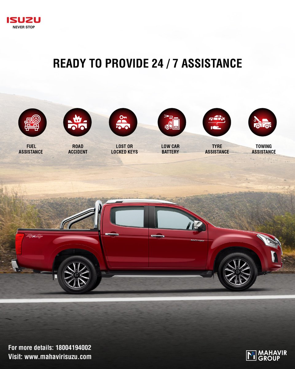 Stuck on the road? Our Isuzu Roadside Assistance is here to get you back on track, ensuring peace of mind wherever you go.
#MahavirISUZU #RoadsideAssistance #EmergencyService #ISUZUservice #ISUZUneverstop #ISUZUmotorsIndia