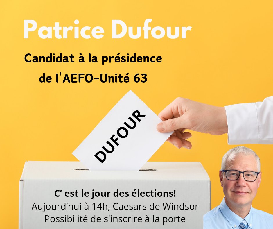 Après plus d'un an d'attente, c'est le grand jour!  Pour en apprendre plus à mon sujet, je vous invite à visiter mon site web patricedufour.my.canva.site/dufour 
Aujourd'hui, un vent de changement soufflera sur l'AEFO-Unité 63!  C'est à votre tour, votez pour DUFOUR!