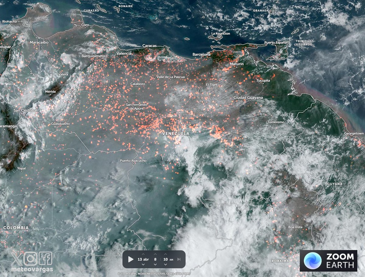 #13Abr Sobre buena parte de Venezuela continúa la densa calima asociada a los numerosos incendios forestales que aún se registran, además de leves concentraciones de polvo del Sahara. En la primera imagen en color blancuzco se puede observar dicha calima y en la segunda el gran