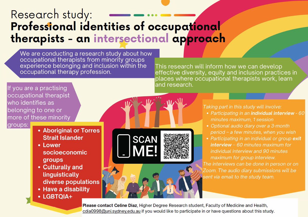 I am doing this study as a higher degree research student @syd_health with @LynnMonrouxe.  If you are a practising #occupationaltherapist in Australia who identifies with any of the listed minority groups, please email me if you’d be interested in participating!