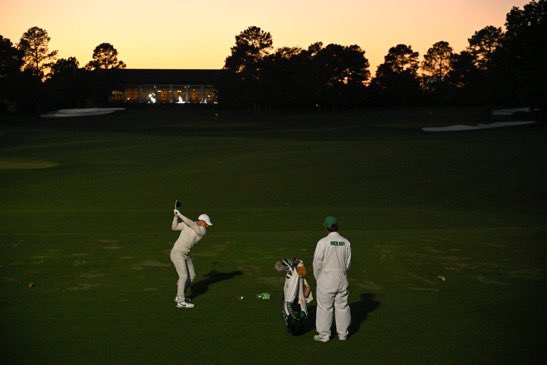 Searching at sunset, Rory & Harry put in some overtime last night at #themasters hopefully a low one follows today 👊 nice picture by @BJared94