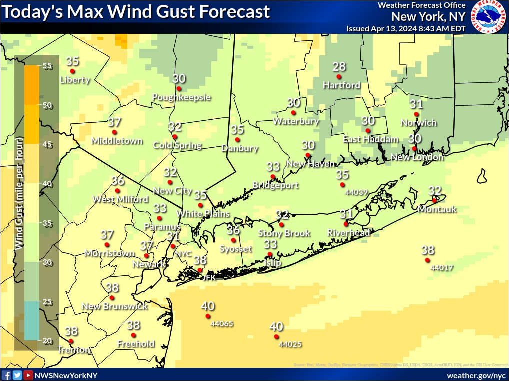 Gusty conditions are expected today with west winds 20-25 mph, gusting up to 30-35 mph for most. Highs will be in the upper 40s to mid 50s, with a chance of showers through the day. Check out weather.gov/nyc for more details! #NYCwx #NYwx #CTwx #NJwx