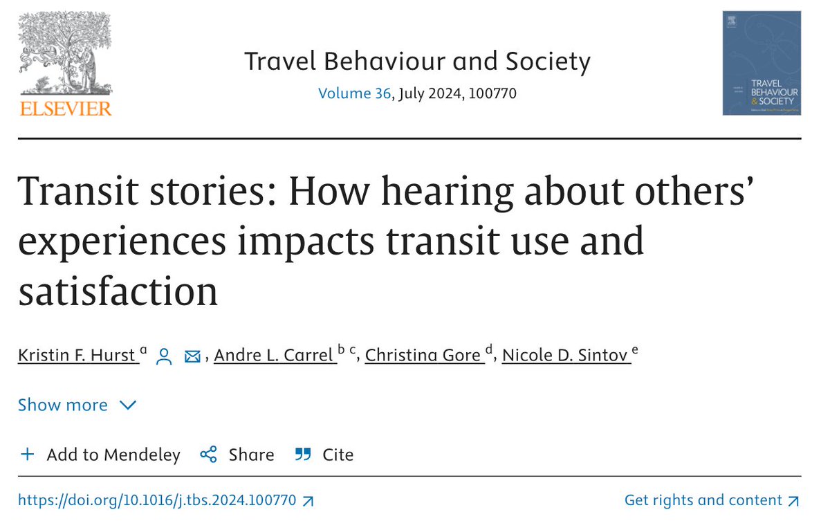 Transit trip went well? Tell a friend. 'Hearing about someone’s (good or bad) transit experience affects a traveler’s own forecasts of how pleasant their transit experience will be, which in turn influences ... their intentions to use transit.' doi.org/10.1016/j.tbs.…