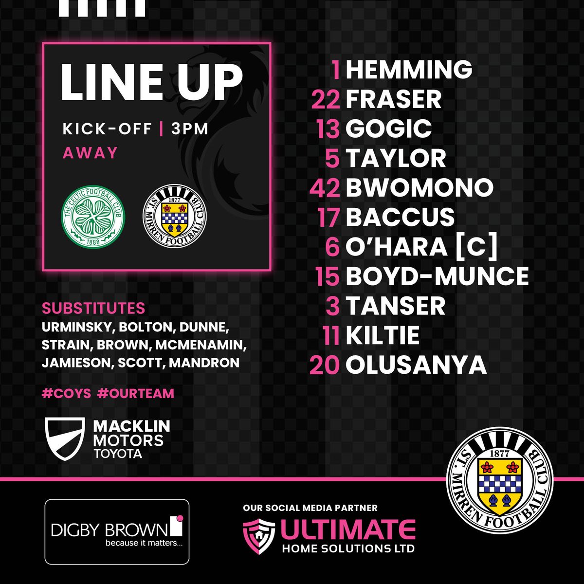saintmirrenfc's tweet image. XI | Your St Mirren starting line-up for today's #cinchPrem match away to Celtic.  

#OurStMirren #COYS