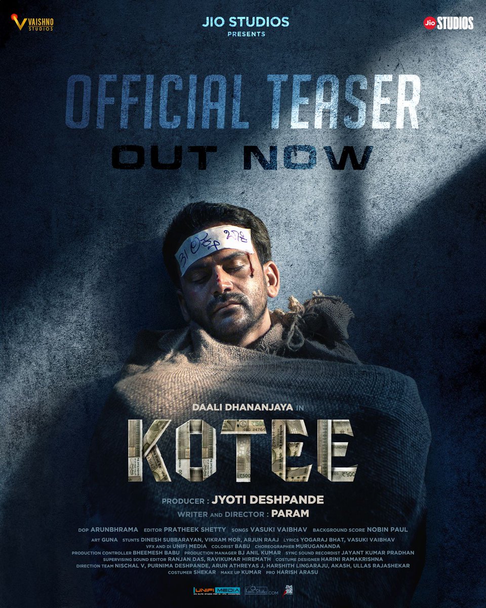 Teaser Alert! The much-awaited teaser of Jio Studios’ first #Kannada film #Kotee - a drama thriller is here, starring 'Nata Raakshasa' Daali Dhananjay @Dhananjayaka and directed by @ParameshwarGundkal. Mark your calendars for June 14th - this is one you won't want to miss!…