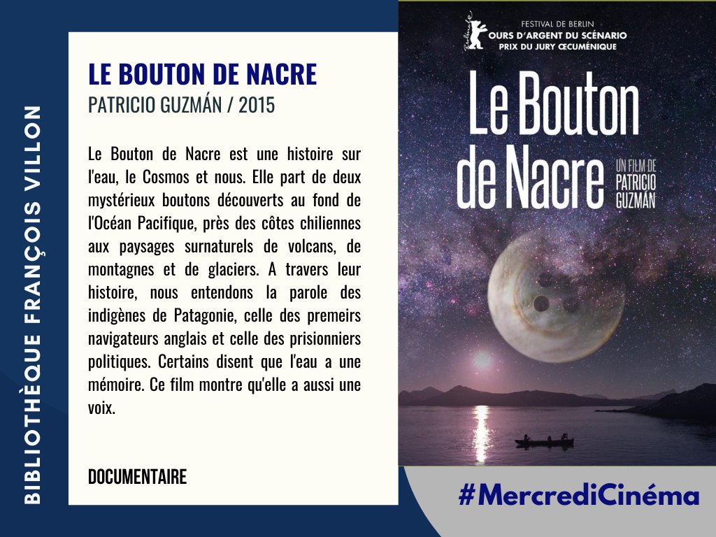 Coup de cœur ❤️ du #MercrediCinéma pour 'Le bouton de nacre' de Patricio Guzmán, primé au festival de Berlin.
Où le trouver : bibliotheques.paris.fr/Default/doc/SY…