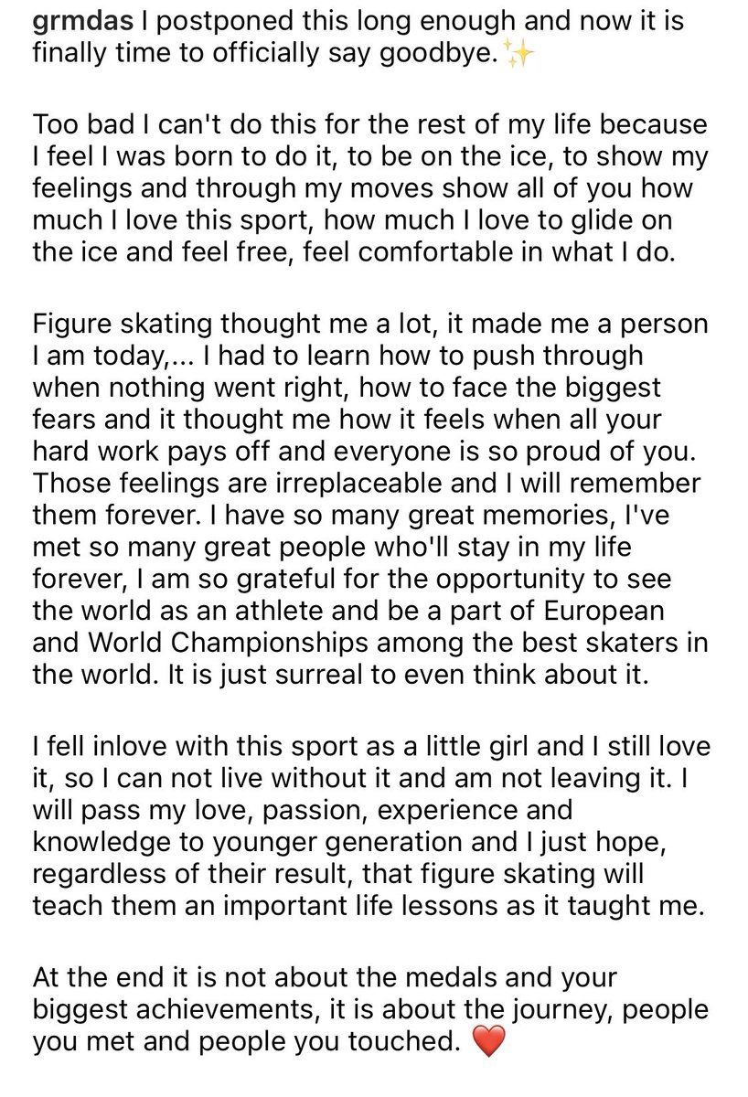 Slovenia’s Daša Grm made her retirement from competition official today (includes a clip from a farewell performance at her home rink) w/ heartfelt words: instagram.com/p/C5sb6A4Iu3U/ Her 10th/final #WorldFigure was last year: isuresults.com/bios/isufs0000… All my Best to her as a coach!😘