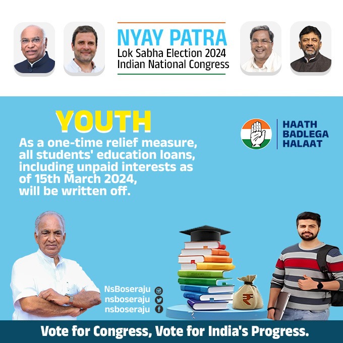 After a decade of injustice, the dawn of justice has finally arrived!

 As a one-time relief measure, all students' education loans, including unpaid interests as of March 15, 2024, will be waived.

#NyayPatra
#HaathBadlegaHalath
#YuvaNyay
#GuaranteeSarkara
#Educationloan