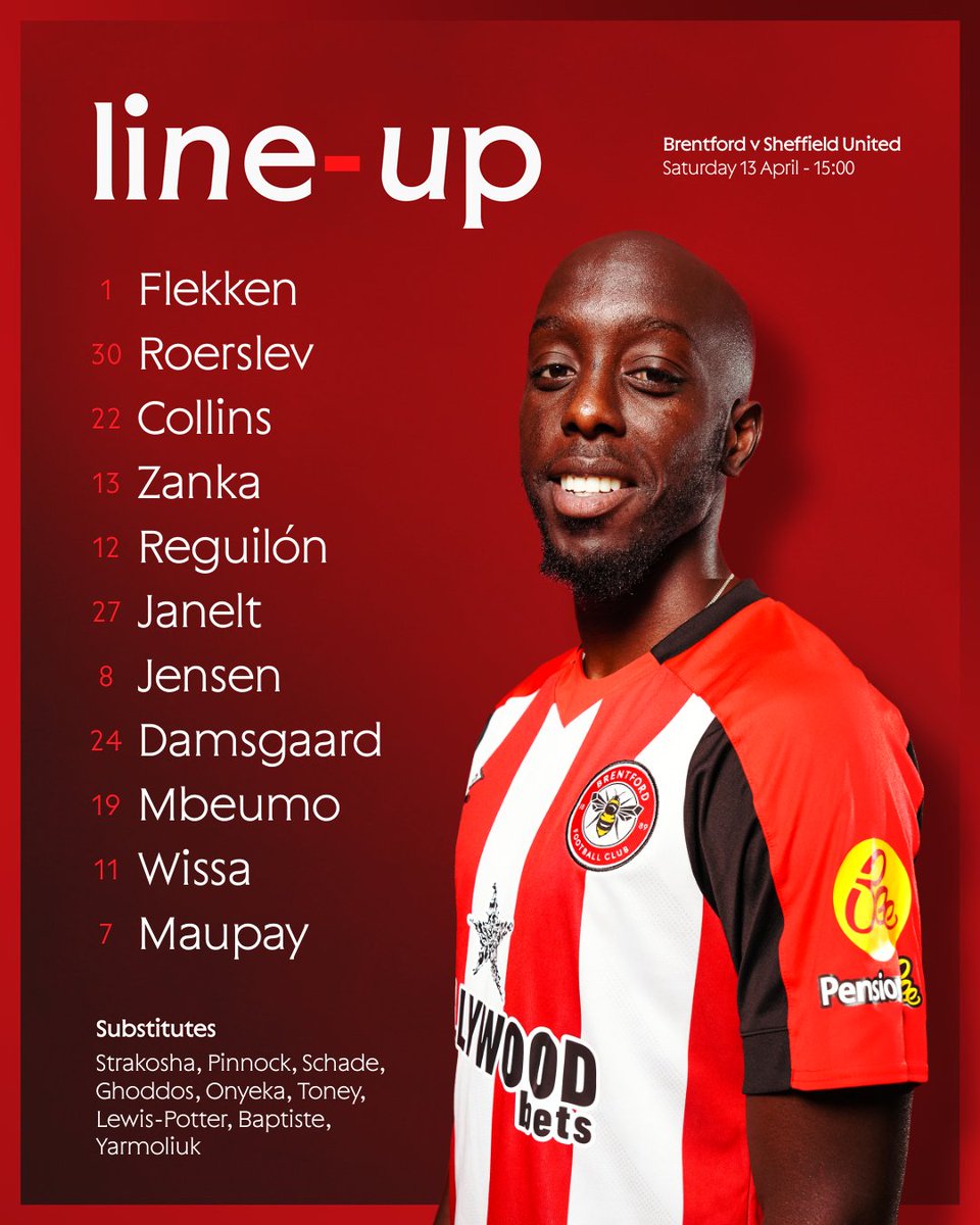 BrentfordFC's tweet photo. 🐝 Your Bees line-up this afternoon

#BRESHU | #BrentfordFC https://t.co/3Y9aB5KHcy