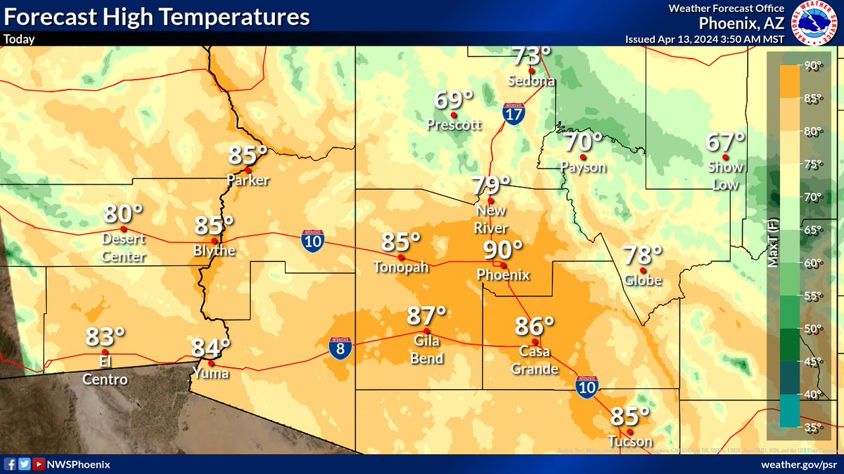 It'll be a warm, sunny, and gusty Saturday. High temperatures this afternoon will not be as high as they were yesterday, but still in the 80s, to near 90°F in Phoenix. This will result in widespread Minor HeatRisk. Stay hydrated and protect yourself against the sun. #azwx #cawx