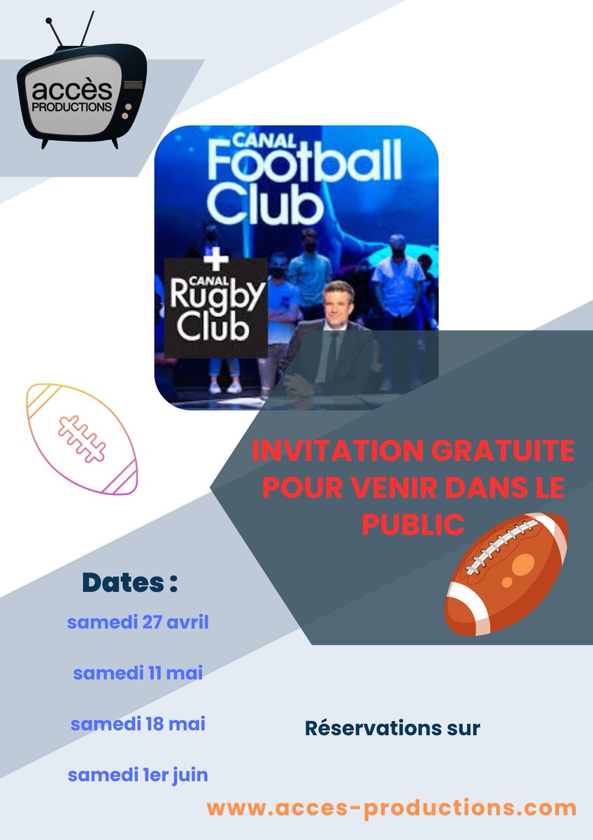 Nous vous invitons à venir dans le public de l'émission CANAL FOOTBALL CLUB CANAL RUGBY CLUB Réservations gratuites sur acces-productions.com #rugby #uefachampionsleague #LiguedesChampions #football @canalplus @canalplusfoot #canalrugbyclub #kids #parents #sport