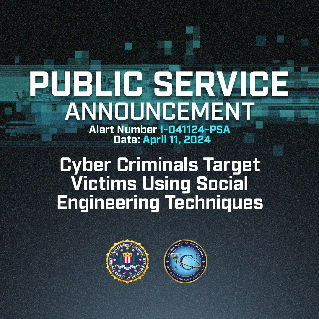 Cybercriminals use social engineering techniques to gain access to financial, corporate, and network accounts. Using personal information, bad actors invade networks, steal data, and extort victims. Stay vigilant and learn more: ic3.gov/Media/Y2024/PS…