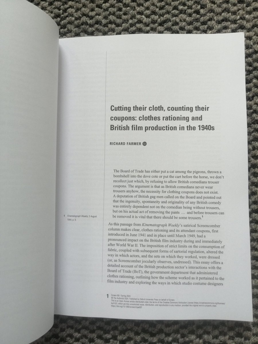 Ooh! A hard copy of the new @Screen_Journal arrived today. Features my article on clothes rationing and film production in wartime Britain. But don't worry folks, the online version is still available Open Access: academic.oup.com/screen/article…