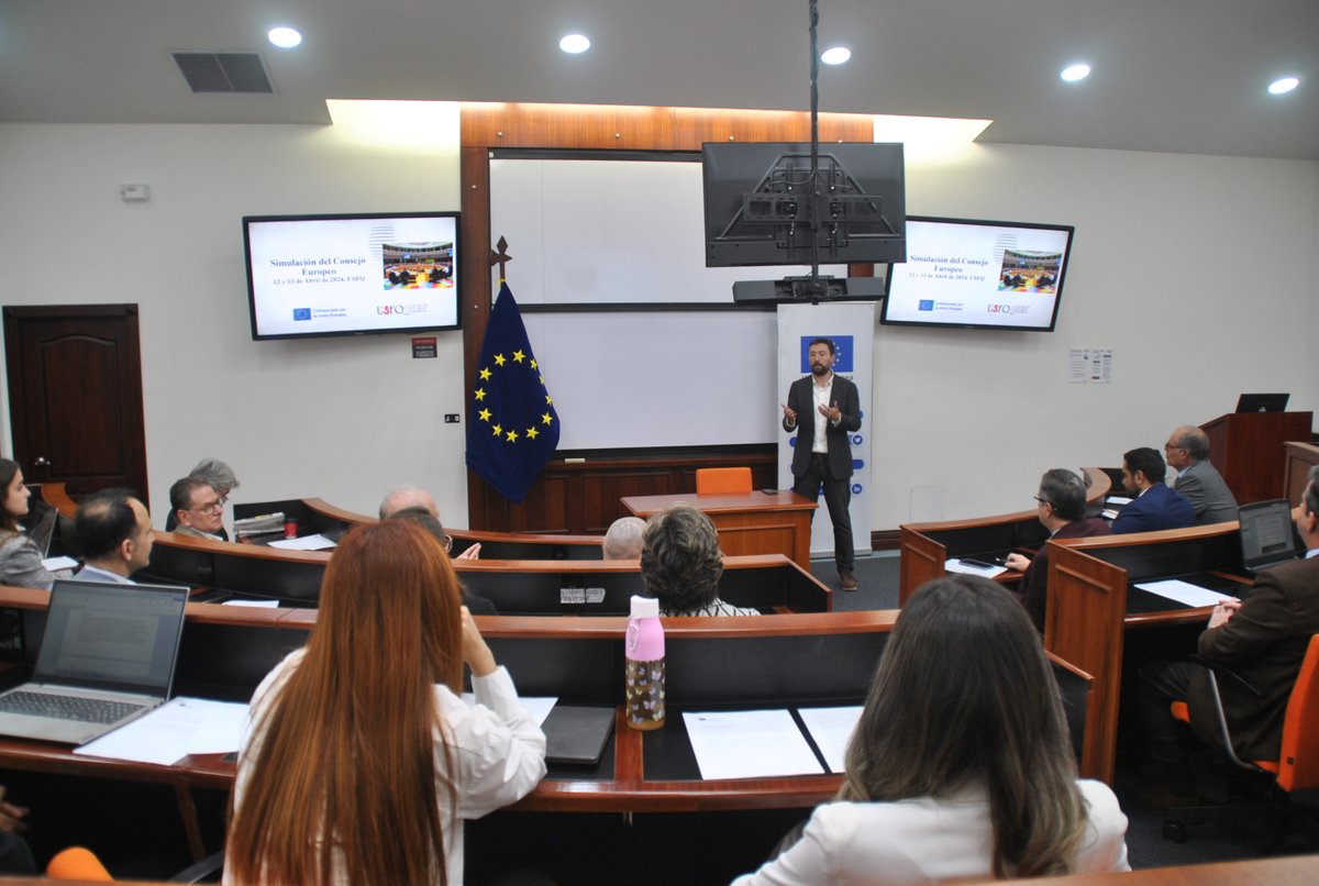 DemObsEU's tweet photo. Welcome words by Prof. @rdandoy, Director of the @CEE_USFQ and #JMChair, at the inauguration of the simulation of European Council #EUCO organized at the @USFQ_Ecuador on the 12 and 13 April https://t.co/Cgvt1A62jT