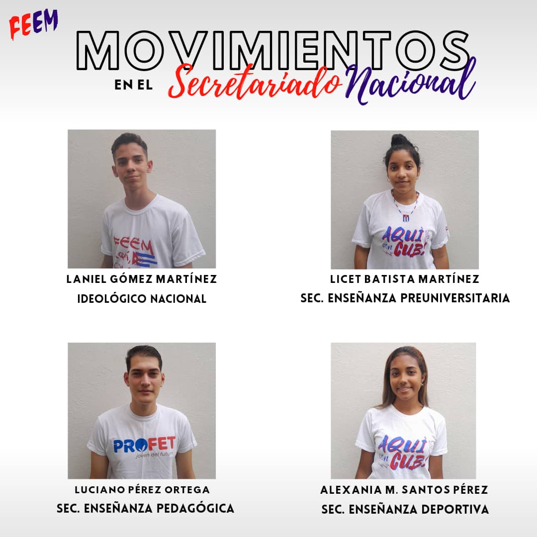 🚨La #FEEMdeCuba informa sobre movimientos en su Secretariado Nacional.

Los movimientos aprobados están en correspondencia con las proyecciones de líderes estudiantiles del Secretariado Nacional🇨🇺.

Muchos éxitos a todos en las tareas, el futuro es nuestro❤️.