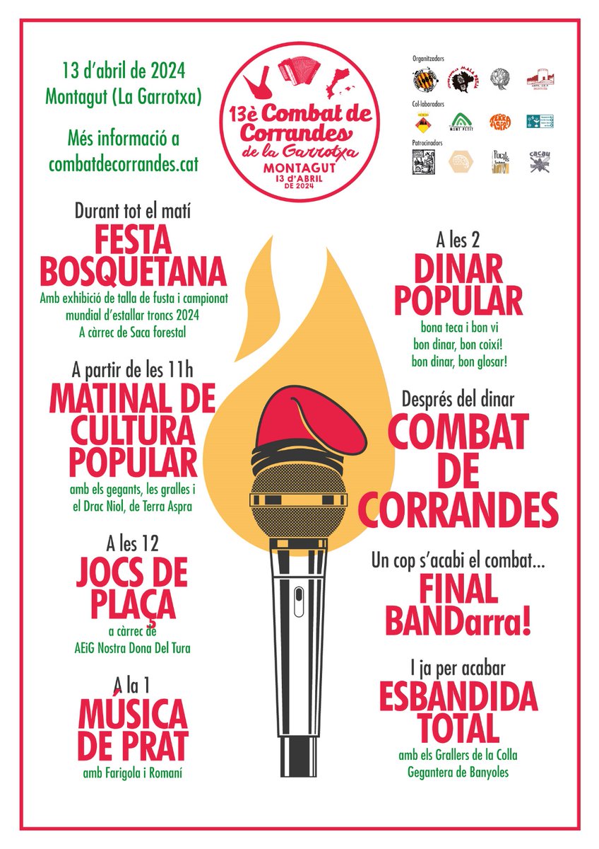 I torna el <a href="/combatcorrandes/">Combat de Corrandes de la Garrotxa</a> i ja en van 13.

Una plaça de poble amb milers de persones per escoltar i gaudir de glosa és importantíssim en el context actual. 
La llengua i la cultura popular  són el pal de paller del combat. 
Avui, totes a Montagut!!