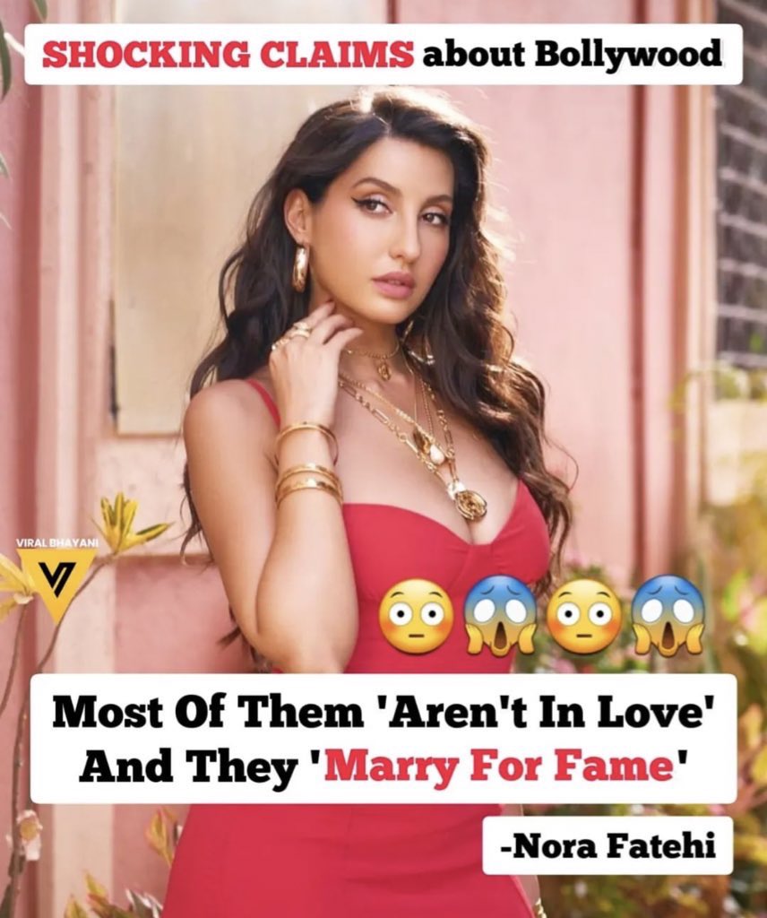 As per Bollywood Top Night Girl #NoraFatehi, Mostly Bollywood Celebrities do marriage for “ FAME ”. Their love life is totally Fake.