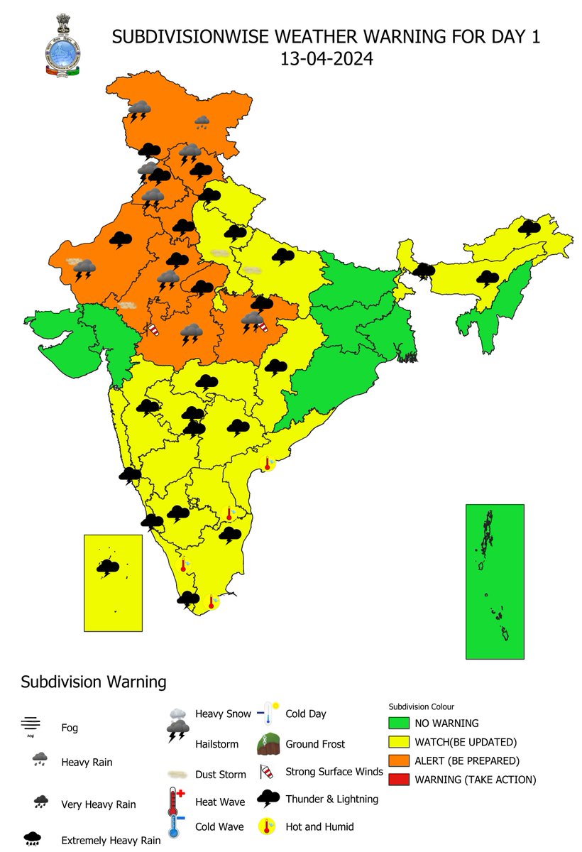 Moderate to severe thunderstorms accompanied with gusty winds, hail, lightning likely over Northwest India during 13th-15th with peak intensity on 13th & 14th April, 2024 and over Central India today.