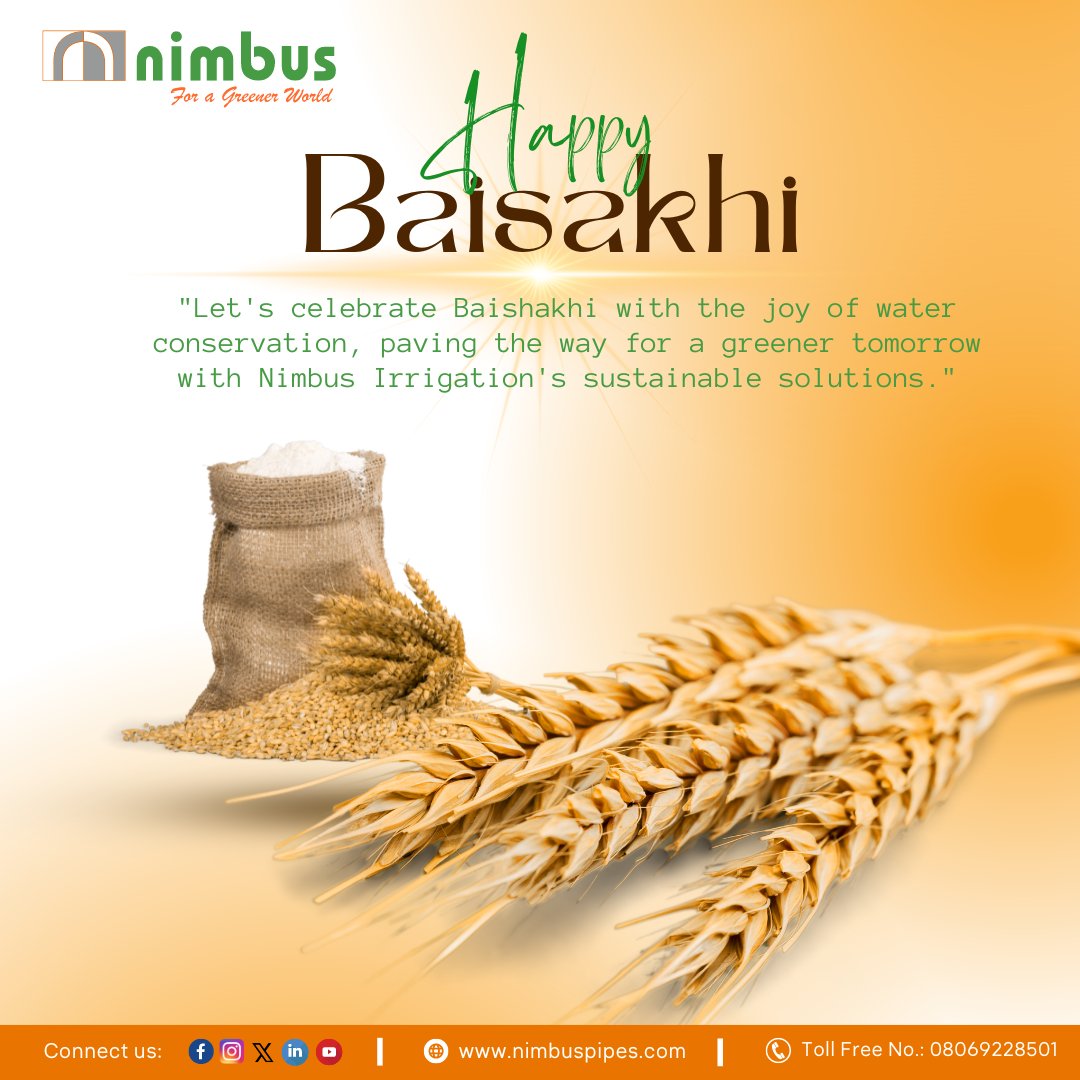 'Happy Baishakhi! Let's mark this auspicious occasion by committing to water conservation with Nimbus Irrigation. Together, we can make a splash for a sustainable future. 💧🌾 #Baishakhi #WaterConservation #NimbusIrrigation'