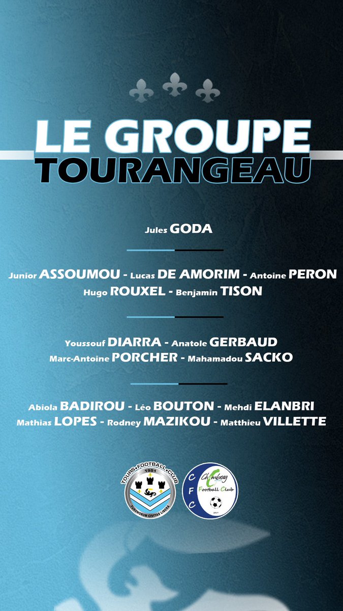 ToursFC's tweet photo. [👥 LE GROUPE #TOURSCFC]

Découvrez le groupe Tourangeau convoqué pour la réception du Chambray FC ⤵️

🩹 Blessés : Schwechlen, Leite, Perraguin, Faussot, Hidasse, Gergaud.
❌ Choix : Deboeuf, Abdallah, Dergham, Mathis Lopes, Obama.

#National3 | #ToursFC | #TousCielEtNoir 🔵⚫️ https://t.co/n7zzeG6lXT