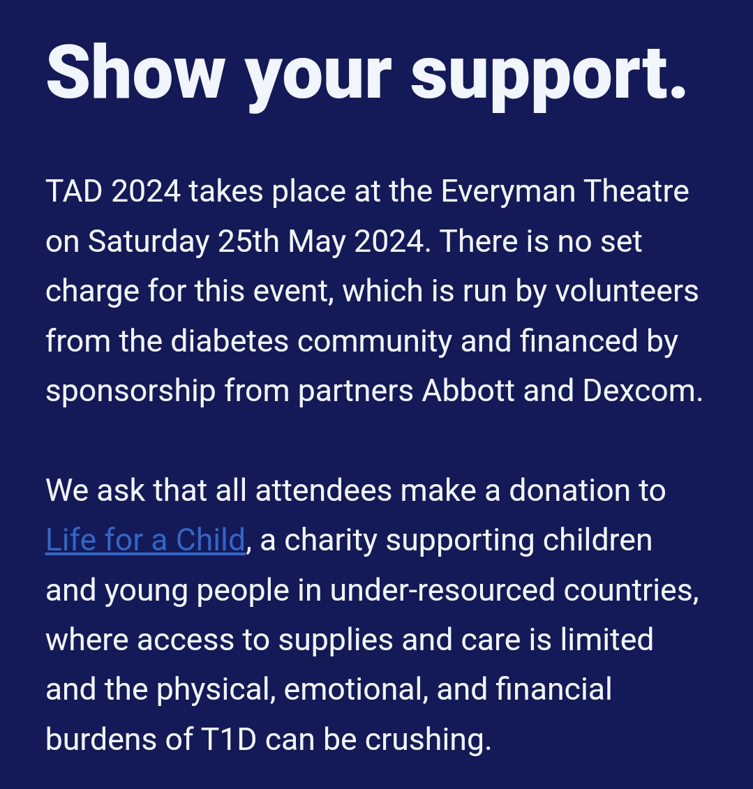 TalkingAboutDiabetes (TAD) (@tadtalkevents) on Twitter photo ๐ข For those attending #TAD2024
As there is no set charge for this event, we ask instead that all attendees make a donation to <a href="/lifeforachild/">Life for a Child</a> ๐
To find out more about the amazing work that Life for a Child does and to make a donation, please visit: fundraise.lifeforachild.org ๐ข For those attending #TAD2024
As there is no set charge for this event, we ask instead that all attendees make a donation to <a href="/lifeforachild/">Life for a Child</a> ๐
To find out more about the amazing work that Life for a Child does and to make a donation, please visit: fundraise.lifeforachild.org