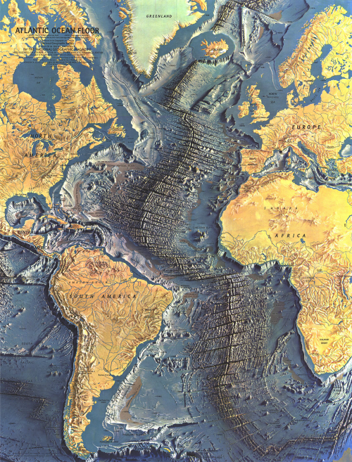 This is a map of the Atlantic Ocean floor published in 1968 based on a large number of deep ocean soundings compiled by Bruce Heezen and Marie Tharp, painted by Heinrich Berann for National Geographic Magazine.