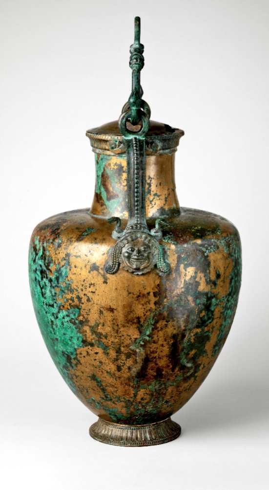 Metal vases are far more rare than their ceramic counterparts because fewer were made and because the metal deteriorated or was melted down. Only about half a dozen complete bronze neck-amphorae are known. Greek 6th century BCE. #Art #History The Met Fifth Avenue in Gallery 153