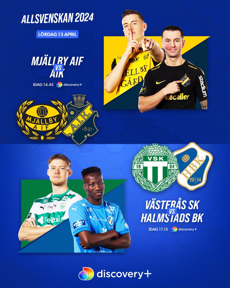 Dagens matcher från Allsvenskan! Mjällby AIF 🆚 AIK ——— ⏰ 14.45 på discovery+ 🎙️ Petter Barrling och Anders Andersson 🏟️ Strandvallen Västerås SK 🆚 Halmstads BK ——— ⏰ 17.15 på discovery+ 🎙️ Jonas Dahlquist och Nordin Gerzic 🏟️ Hitachi Energy Arena