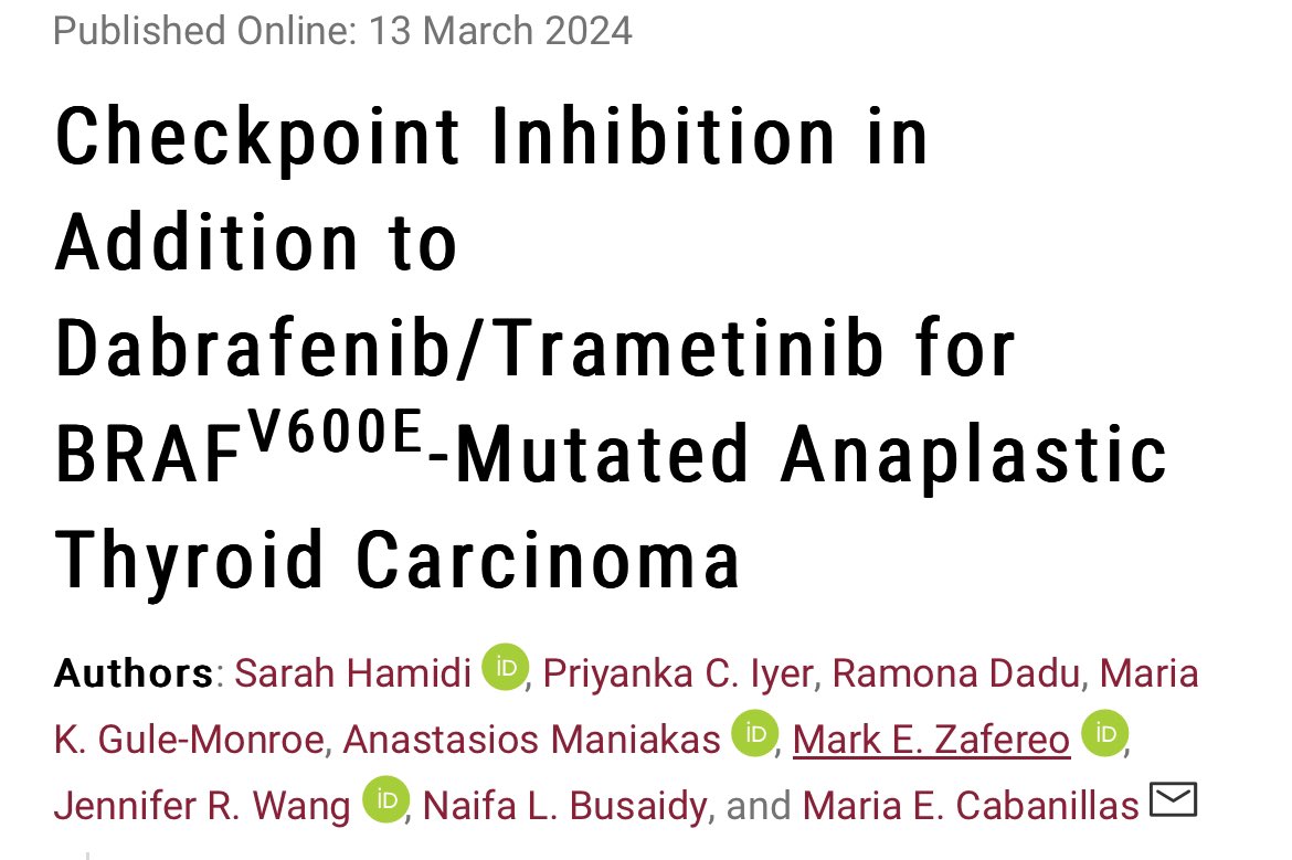 💊Pembrolizumab in addition to Dabrafenib/Trametinib for BRAFV600E-mutated anaplastic thyroid carcinoma
@thyroidjournal 

✅Pembrolizumab added upfront or at progression vs dabra-trame alone
mOS: 17 vs 9 mo, p=0.03
mPFS: 11 vs 4 mo, p=0.04
✅If dabra-trame given as neoadjuvant,