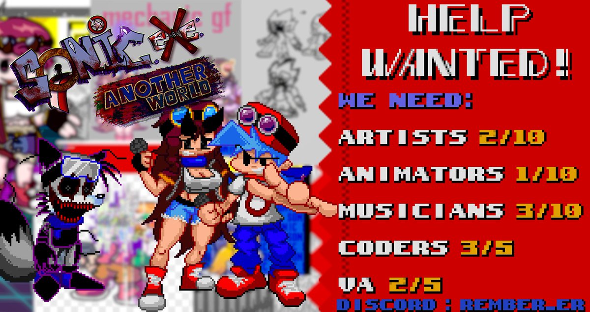 help wanted!

Sonic.exe: another world needs u!!!

if u are interested and want to help, u can talk to me via discord: rember_er
#helpwanted #sonicexe #fnf #fridaynightfunkin