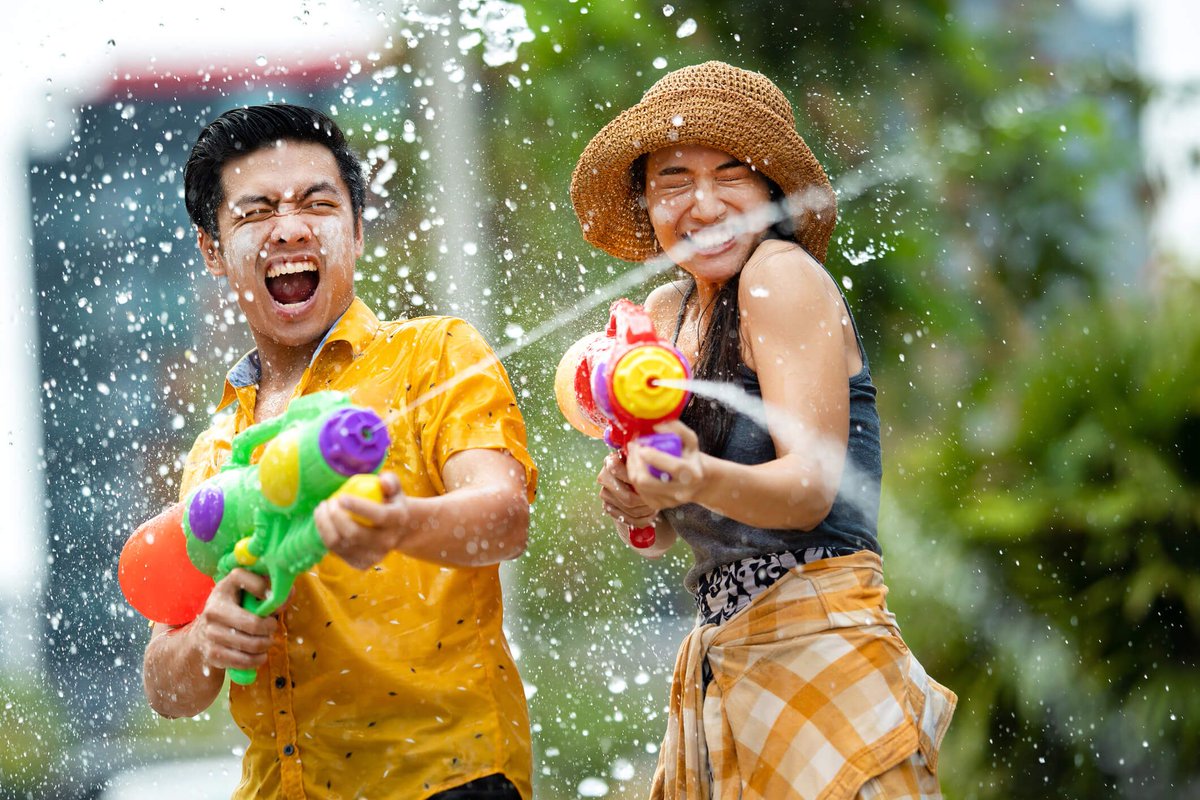 Happy Song Kran Thailand (Thai New Year) It's a huge multi day festival and today is water throwing day. Thais stand outside their houses as a family throwing buckets of water at passers by or have pre arranged water fights. (It's to cleanse the soul) It's the most amazing fun