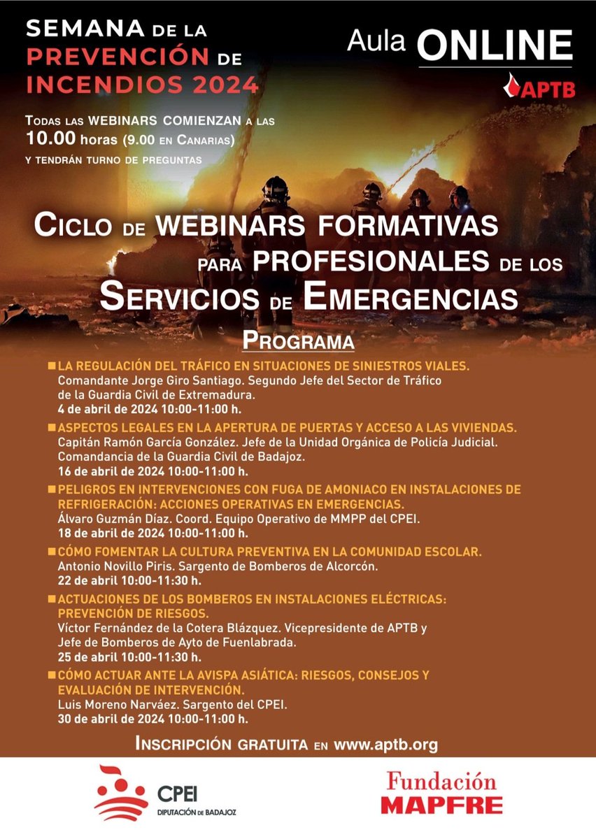 ¿Conoces el ciclo de webinar técnicas que estamos desarrollando durante este mes de abril de 2024? En el marco de la Semana de la #Prevención de #Incendios #SPI24, organizamos el Consorcio de #Bomberos de #Badajoz, @fmapfre y #APTB. Inscripción gratuita en aptb.org