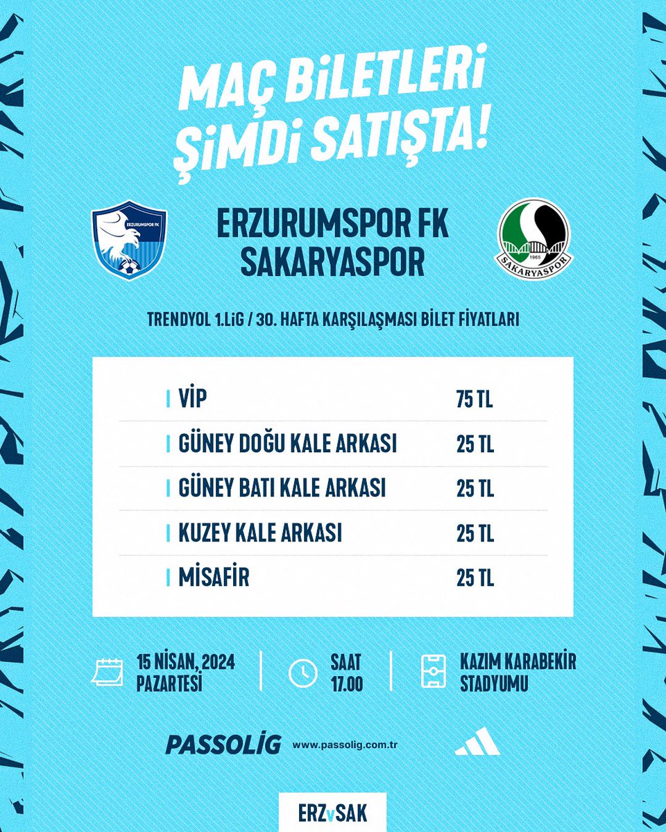 📌 Sakaryaspor maçı biletleri satışta! Kazım Karabekir’de buluşuyoruz. 👊 #HaydiDadaş | #ERZvSAK