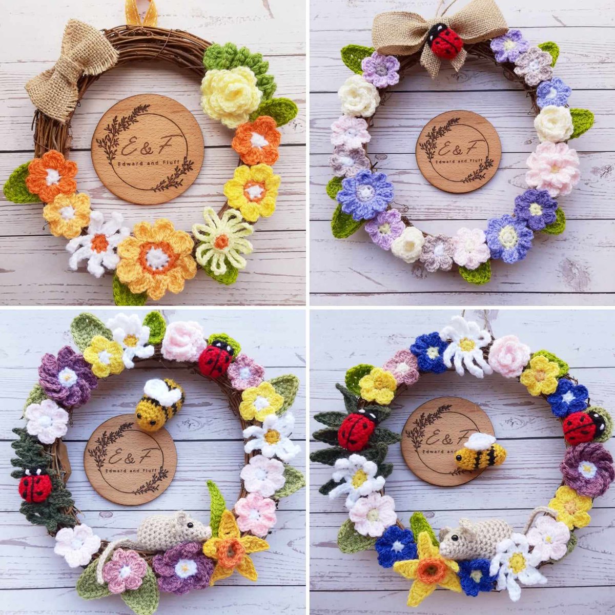 These spring and summer colourful crochet wreaths will really brighten up a room 🌞🌺🌻🌷💐🌸🪻 Available in my Etsy shop at edwardandfluff.etsy.com #ukgiftam #ukgifthour #CraftBizParty #SmallBusiness #etsyseller #crochetwreath #crochet #handmadewithlove