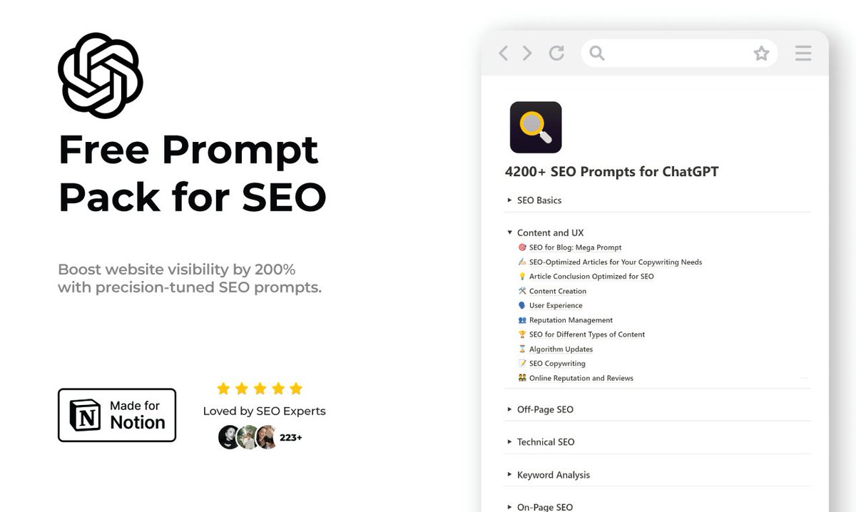 98% Digital marketers sucks at SEO. But NOT anymore! I've combined 4200+ ChatGPT SEO prompts that'll help you rank #1 on Google. It's free for 24 hours. To get it, simply: • Like & RT • Reply with 'SEO' • Follow me (I will DM you)