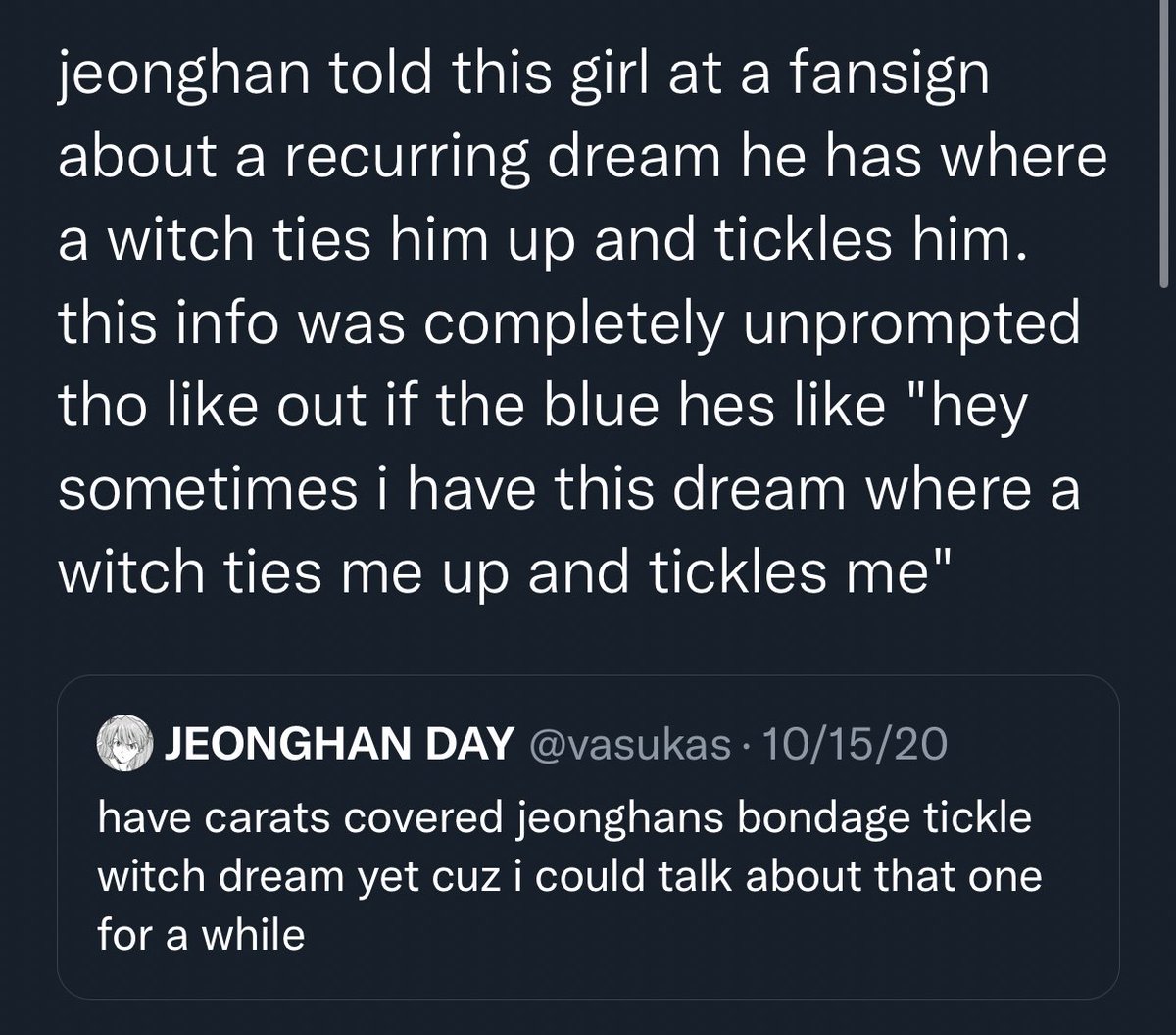 you ask jeonghan about dream and he starts telling you abt his dreams unprovoked like this one