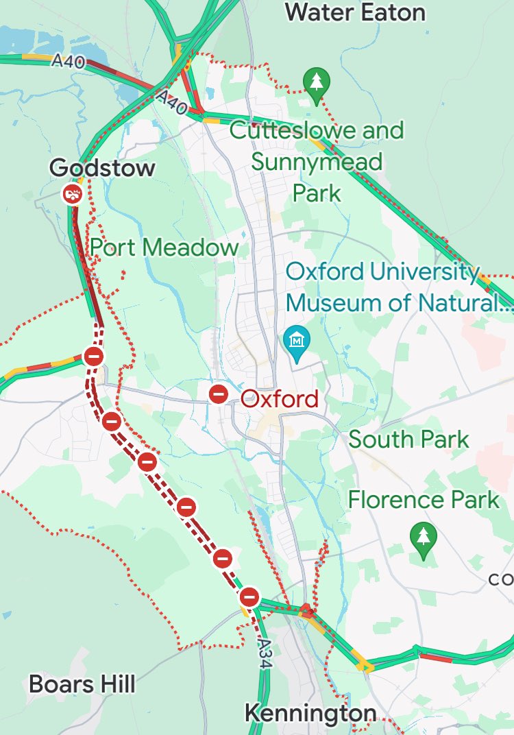 Welcome to Oxford. Ring Road is closed with miles of queuing traffic. This is the same ring road that will have to take all cross town traffic when bus gates are introduced this year. Madness 🤡🌍