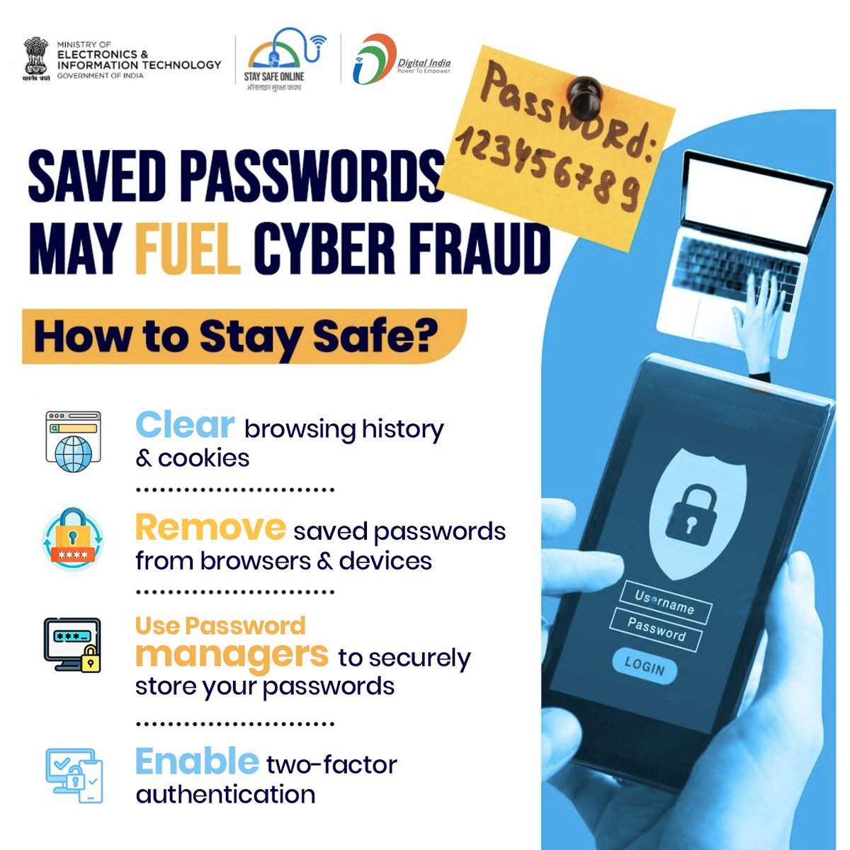 GoI_MeitY's tweet image. Saving passwords on a computer can pose security risks if not done carefully. To mitigate these risks, consider following these best practices.

Learn more such tips at cert-in.org.in

#Cybersecurity #PasswordProtection