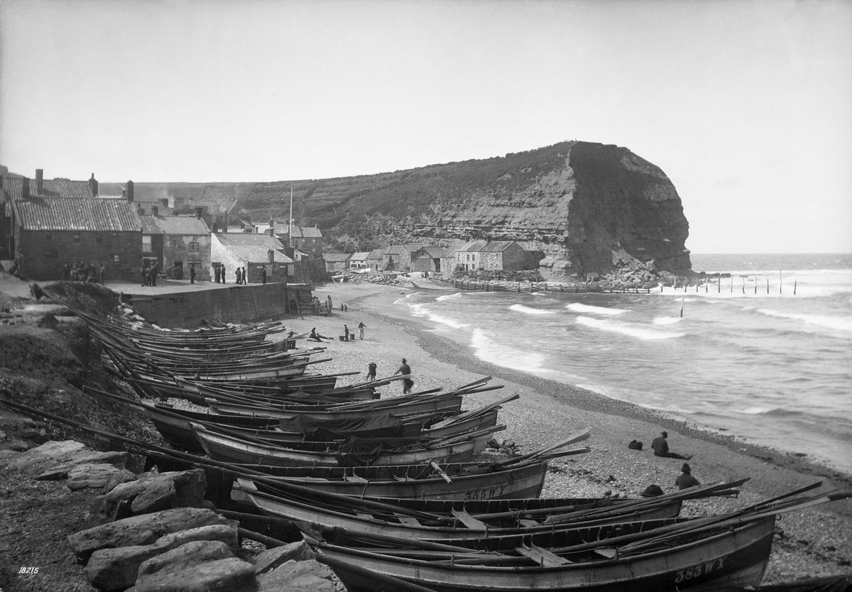 As part of Stroll Along the Prom, Prom Prom weekend, another Yorkshire coastal post. A line of cobles on the beach at Staithes, looking north west to Cowbar Nab (c.1885). Some 80 boats were operating from the village. Image courtesy of National Maritime Museum, Greenwich.