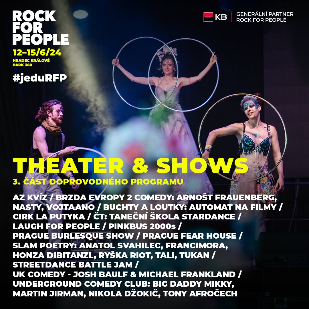rockforpeople's tweet photo. Představujeme TŘETÍ A POSLEDNÍ ČÁST DOPROVODNÉHO PROGRAMU - THEATER & SHOWS! 🤹♀️🎭
#RockforPeople2024 #rockforpeople #rfp2024 #rfp #jeduRFP #doprovodnyprogram https://t.co/l4mzeCq2E6