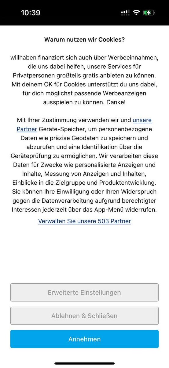 iOS apps now have Cookie Banners *inside* their apps I was told that within the next few years, more & more larger companies will listen to their legal team and implement such nonsense.