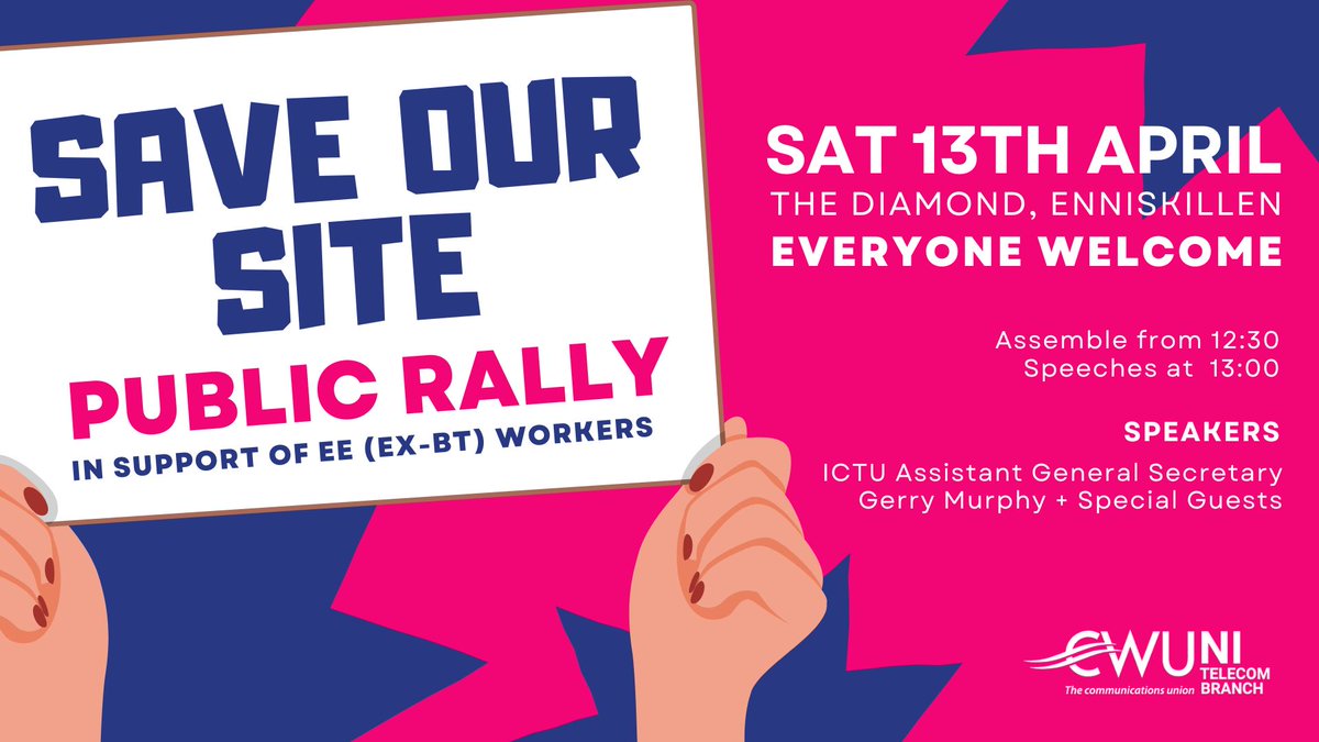 CWU_nitb's tweet photo. Today's the day! Rally to support workers at the @EE Enniskillen site starts from 12:30 PM at The Diamond, Enniskillen. Let’s stand united for our jobs and community! 💪
- Erin Massey @CwuEmassey
#RallyDay #SaveOurSite https://t.co/dBNA3UNurO