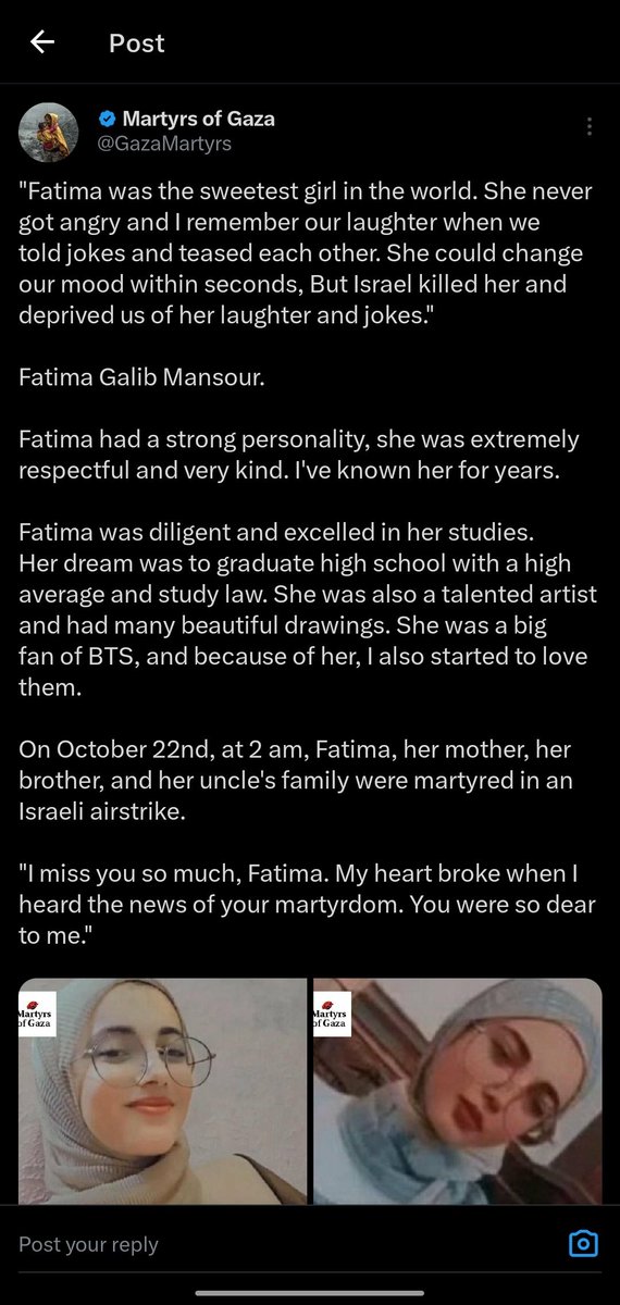 Remember this is who we are fighting for. Never let anybody silence you. We have to be loud enough to be able to fill up for the voices of the martyrs too. Keep speaking up for a free Palestine!

#EndTheGenocideNOW
#FreePalestineFromApartheidIsrael