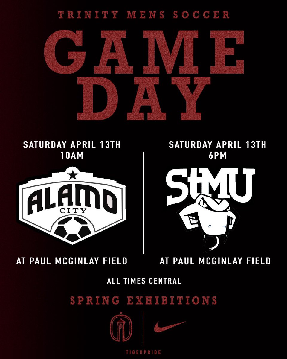 Trinity University Men's Soccer (@trinitysoccertx) on Twitter photo It’s Game Day at Paul McGinlay field!
We look forward to seeing you there!🏟️
#TigerPride🐯 It’s Game Day at Paul McGinlay field!
We look forward to seeing you there!🏟️
#TigerPride🐯