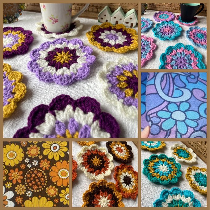 Inspired vintage fabrics, I've crafted some crochet retro-coloured flower coasters ☺️🌸☮️ A lovely handmade gift idea. Add a touch of nostalgia to your home decor or surprise someone special with these unique designs #MHHSBD #craftbizparty #UKGiftAM #shopindie #crafturday